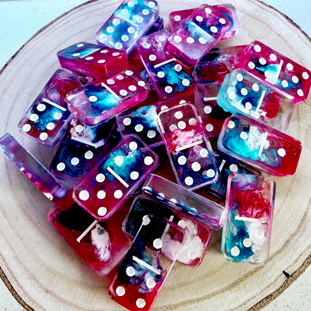 Blue, Magenta, and White Alcohol Ink Resin Dominos